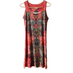 Stretchy Jersey Knit Sleeveless Coral Turquoise Boho Printed Dress Size Medium